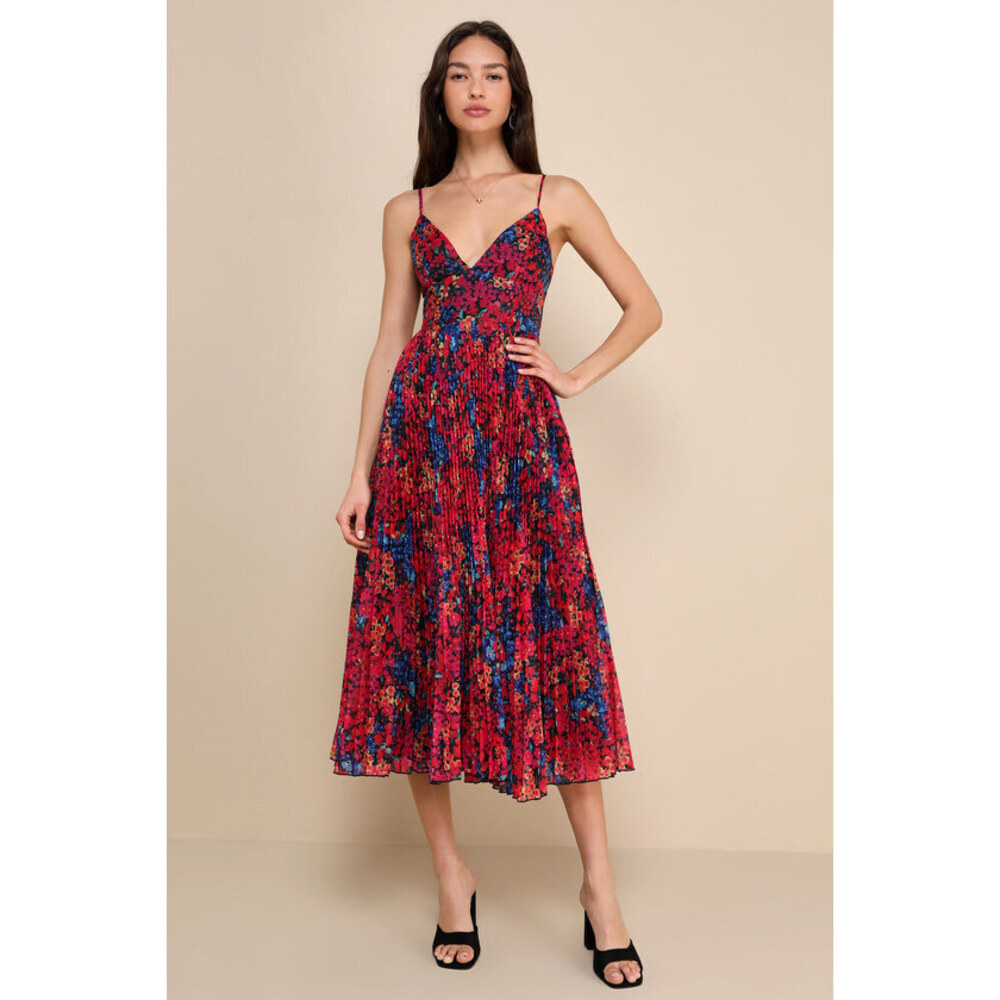 Lulus Sincerely Gorgeous Black Multi Floral Pleated Midi Dress - Size M